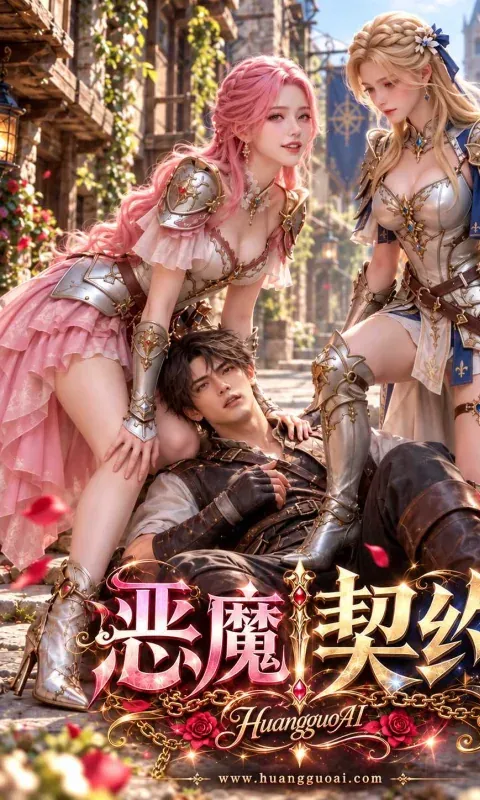 奇幻短剧海报：粉发女骑士与白裙少女围着倒地男子的画面